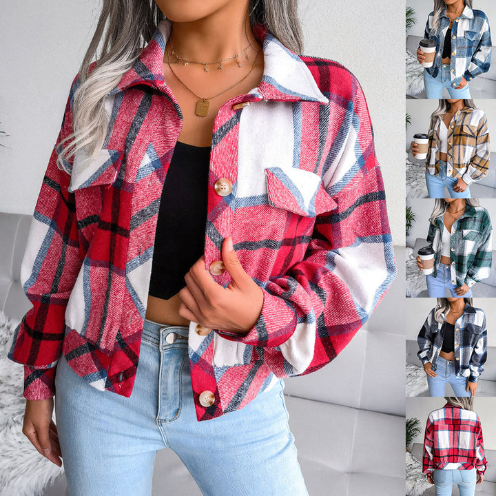 Plaid Lapel Cropped Jacket Fashion Loose Button Long Sleeve Short Outwear Tops Coat For Womens Clothing-Jackets-Zishirts