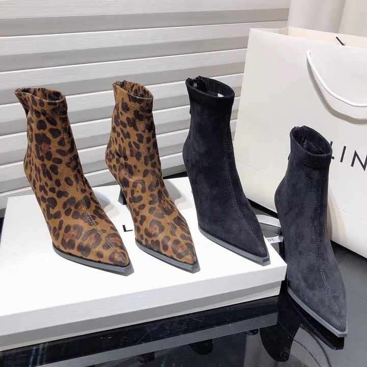 Leopard Pointed Toe Stiletto Heel Ankle Boots For Women-Womens Footwear-Zishirts