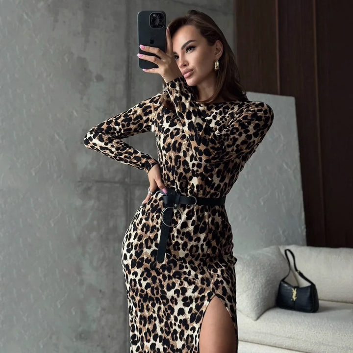 High Slit Leopard Print Dress Slim Fit Women-Lady Dresses-Zishirts