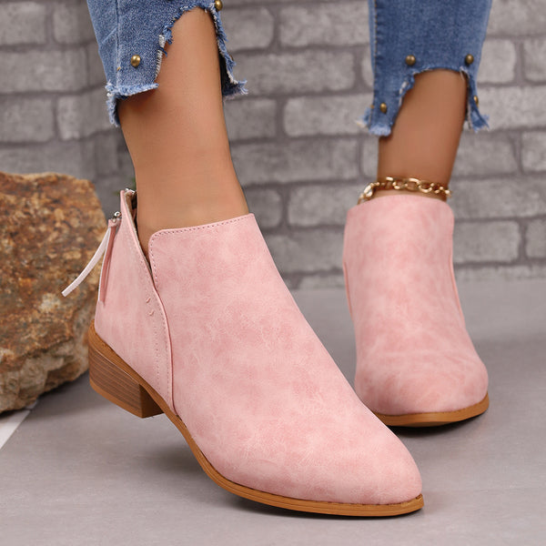 Chunky Heel Pointed Toe Ankle Boots With V-cut Design Fashion Fall Winter Short Boots For Women Shoes-Womens Footwear-Zishirts