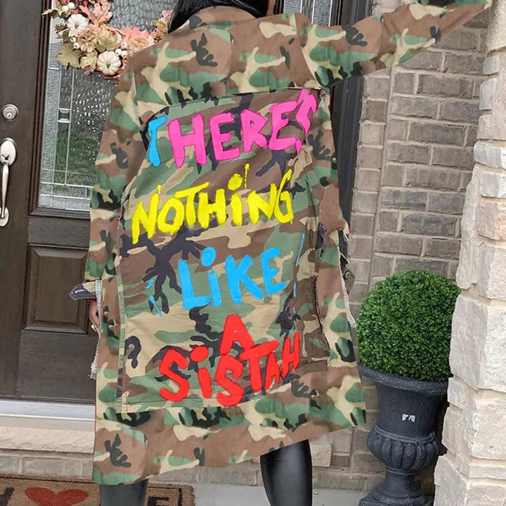 Long Casual Fashion European And American Camouflage Print Patch Coat Women-Jackets-Zishirts